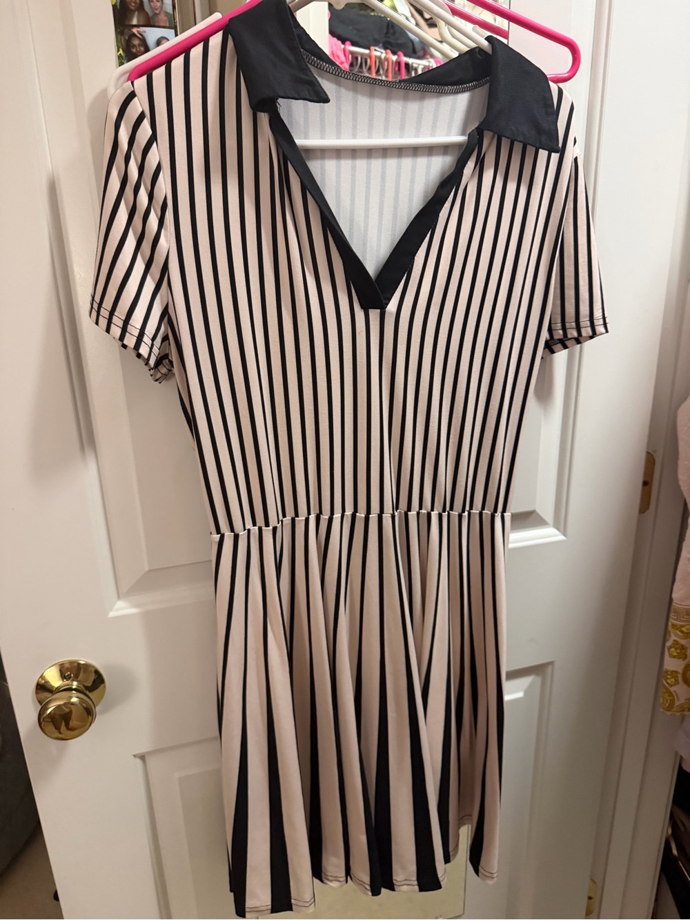 Striped V-Neck Collared Dress in Beige and Black